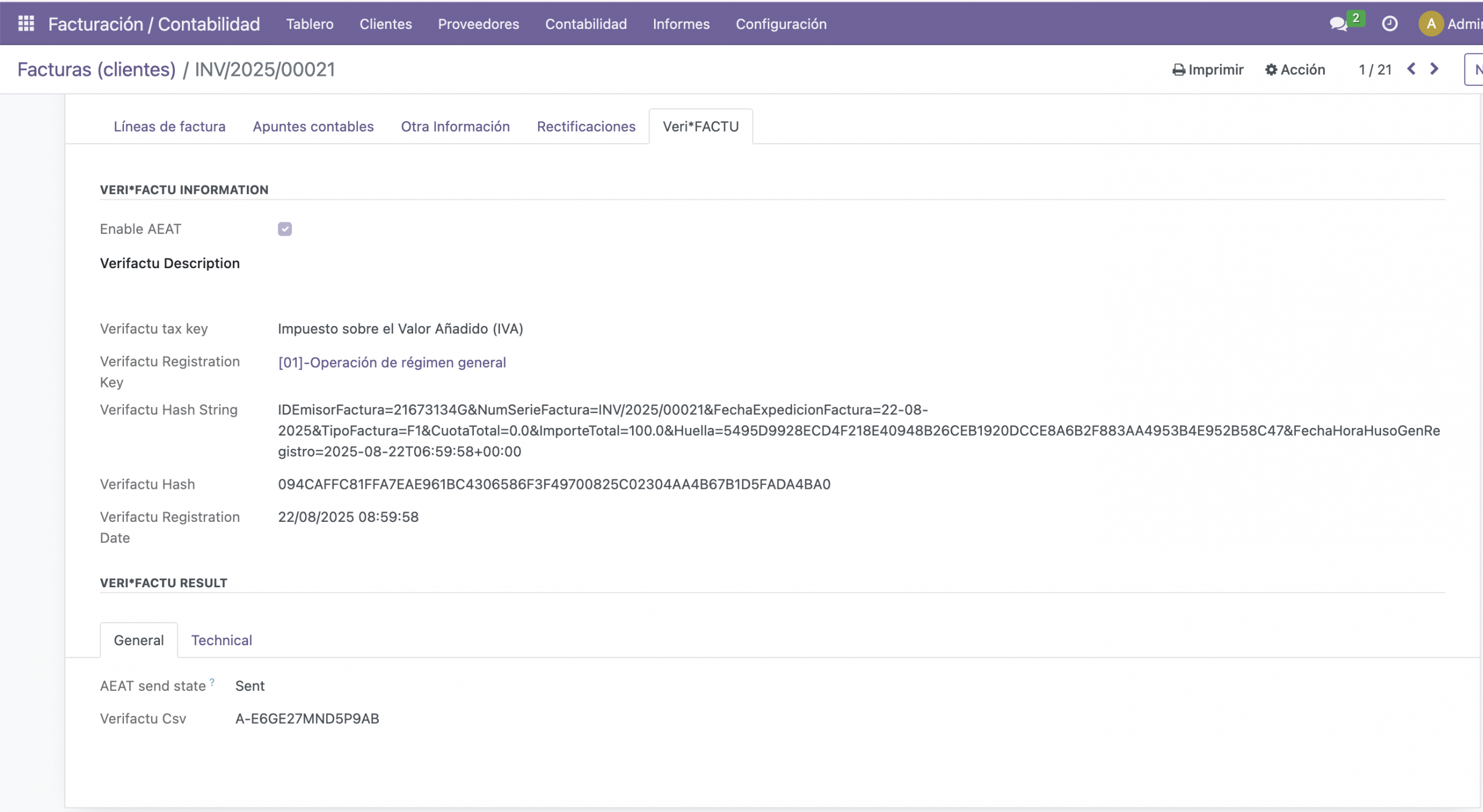 VeriFactu en Odoo Community modulo ejemplo de factura enviada